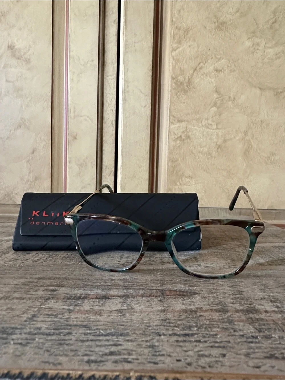 Kliik Denmark Tortoiseshell Eyeglass Frames with Green Accents
